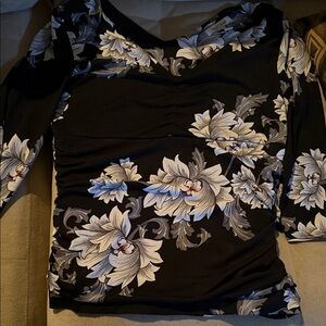 White House Black Market Black Top with White and Gray Floral Pattern